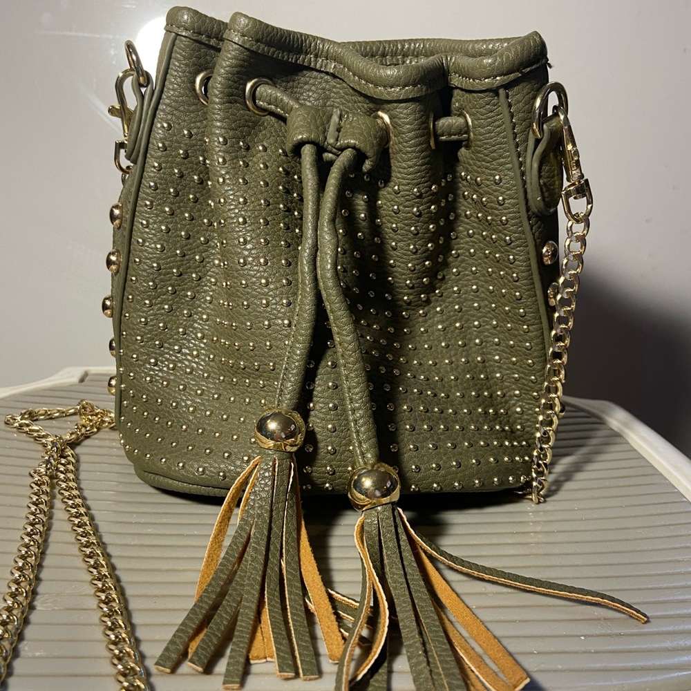 Olive green gold studded bucket bag